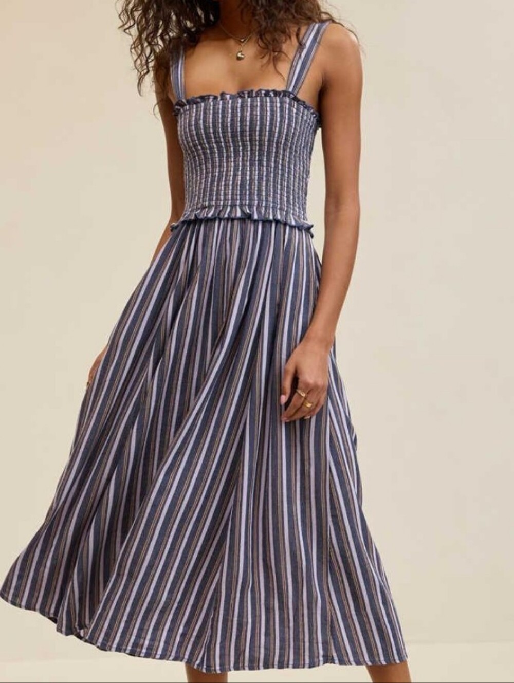 Aerie‎ At the Barre Smocked Midi Dress XXL Navy Stripe Gauze